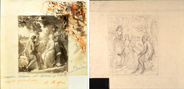 Muzzi Antonio-Ritratto di Severino Bonora con tre fanciulle al castello di Pillnitz presso Dresda (recto) - Stessa composizione in controparte con alcune varianti (verso)